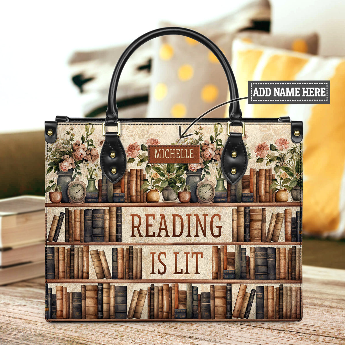 Reading Is Lit Bookshelf Flower HHRZ17012979OH Leather Bag
