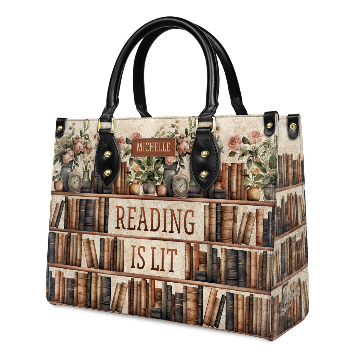 Reading Is Lit Bookshelf Flower HHRZ17012979OH Leather Bag