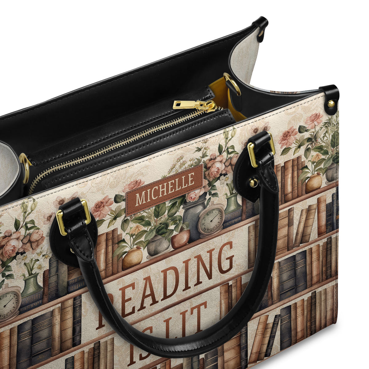 Reading Is Lit Bookshelf Flower HHRZ17012979OH Leather Bag